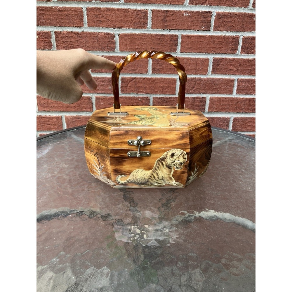 Vtg Anton Pieck Octagon Purse w Lucite Handle MCM Wooden Decoupage Handbag Tiger